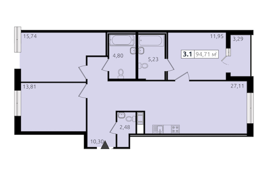 3-комнатная квартира 91.74 м², 3/13 эт., ЖК «Чёрная речка»